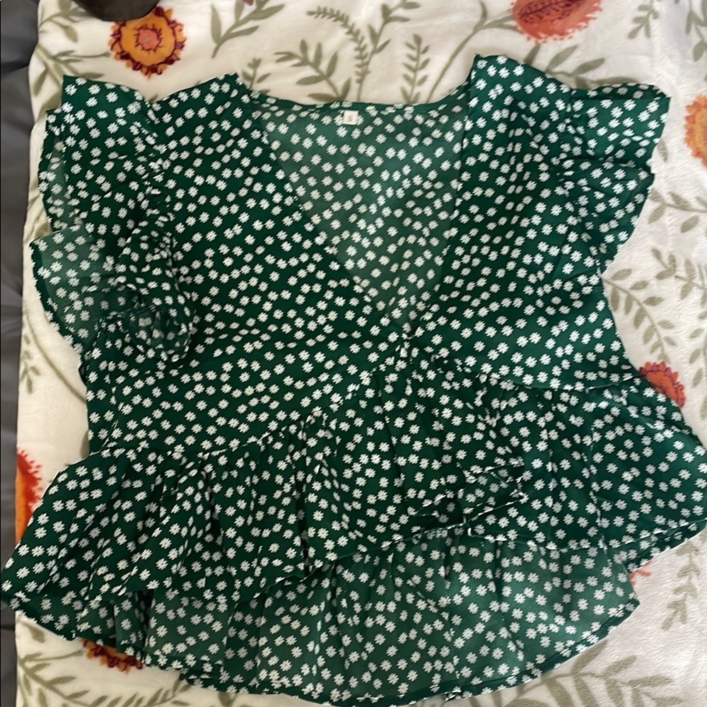 Green Floral Ruffle Blouse